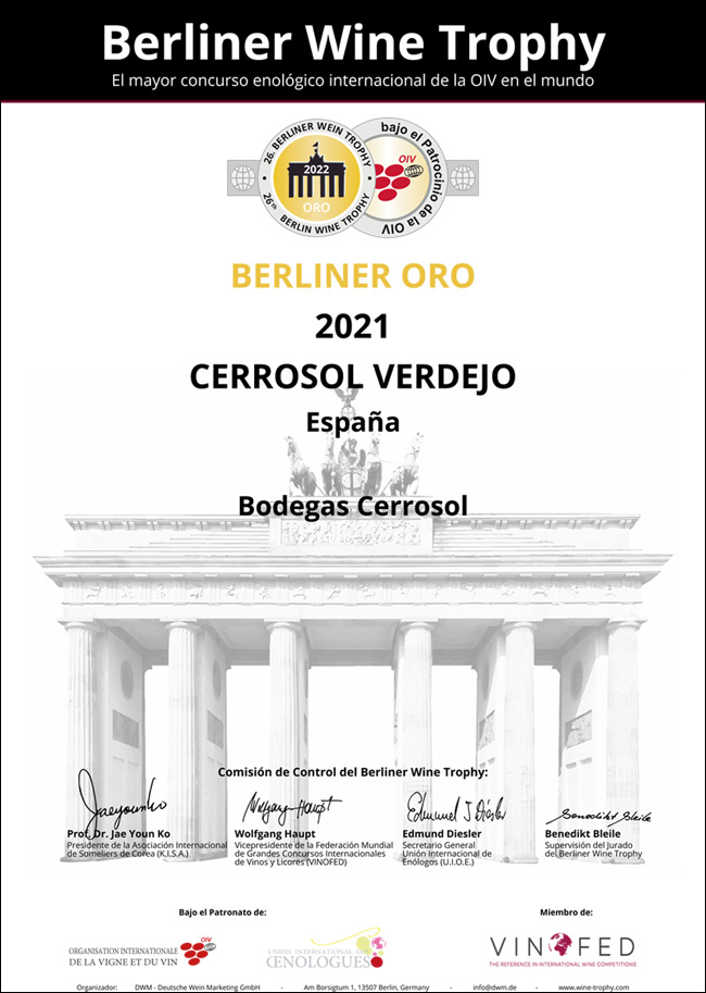 Cerrosol Verdejo, Medalla de oro, Berliner Wine Trophy